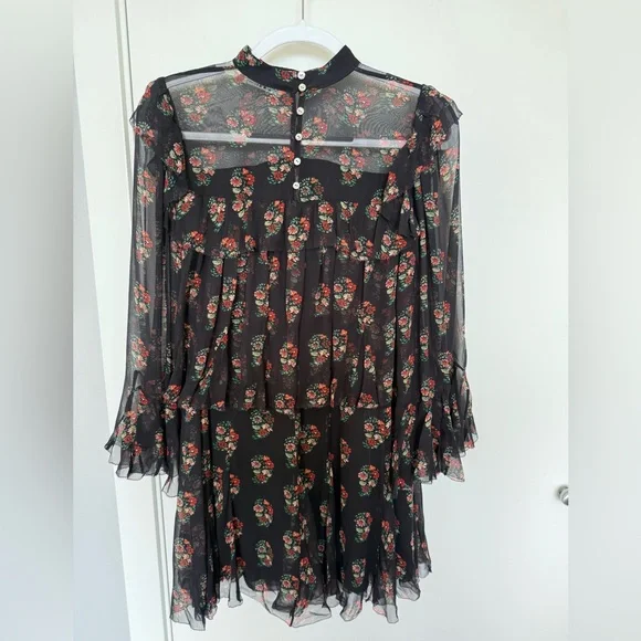 DÔEN Alette Ruffled Tiered Floral-print Silk-georgette Mini Dress - Black size S - Picture 9 of 12